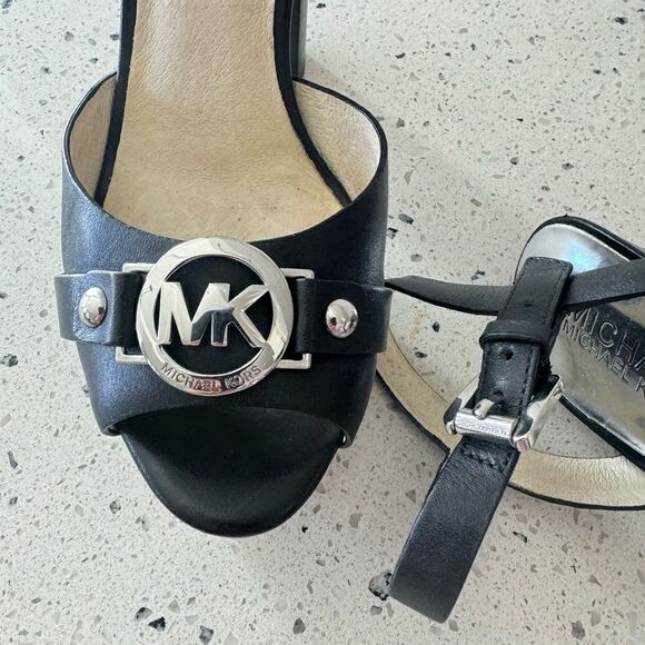 Michael Kors Racquel Platform Black Leather high Block Heels Open Toe Size 6.5M - Picture 12 of 16